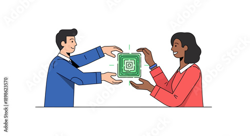 Business Handoff: Diverse Team Exchanging Digital Asset or Secure Data Block. Flat Outline Vector Illustration of Collaboration and Technology Transfer.