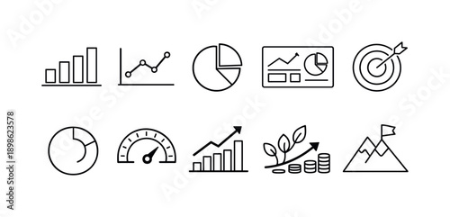 Business analytics outline icon set. Data, statistics, growth, financial symbols collection.