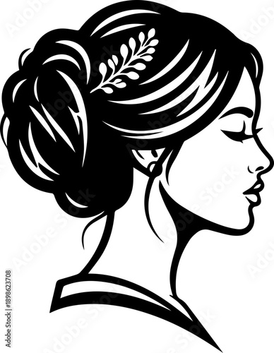 Elegant profile silhouette of a woman with a stylish updo hairstyle and laurel leaf accessory, beauty and salon logo concept