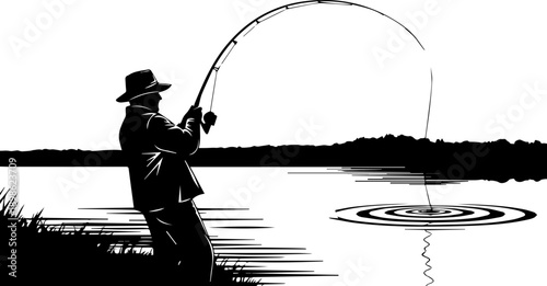Dramatic silhouette of a fisherman reeling in a catch by the lake under a large full moon, evening fishing adventure concept