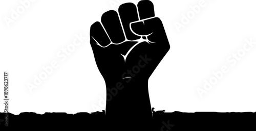 Silhouette of a raised clenched fist against a warm sunset background, concept of protest, solidarity, strength, and empowerment