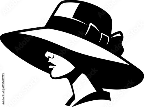 Elegant black and white silhouette of a woman wearing a classic wide-brimmed sun hat, vintage fashion portrait