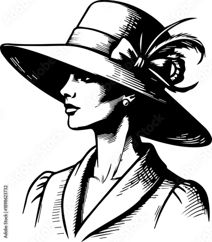 Vintage engraving style illustration of an elegant woman wearing a sophisticated feathered hat, classic retro portrait art