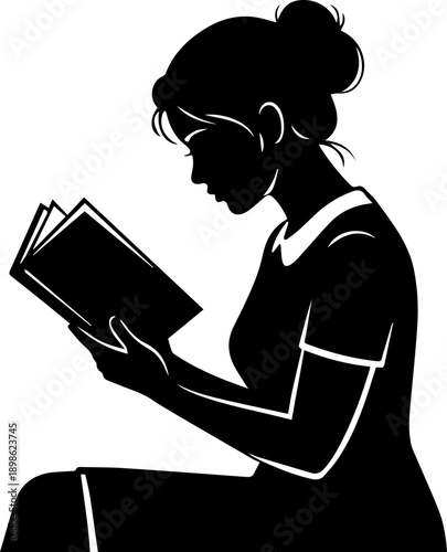 Profile silhouette of a young woman sitting comfortably and reading a book, literary concept for education, study, and quiet time