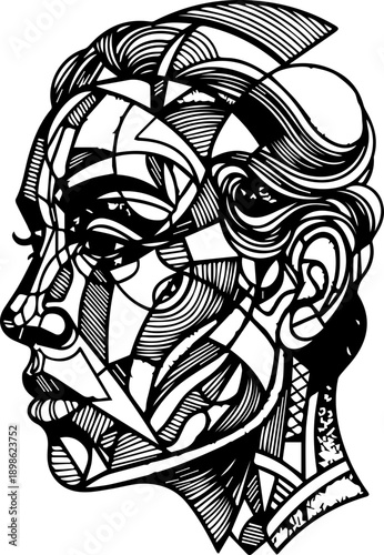 Abstract cubist style portrait of a face using intricate geometric patterns and line work, modern artistic illustration