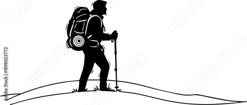 Silhouette of a hiker with a large backpack and trekking pole walking on a hill, minimalist black and white outdoor adventure illustration