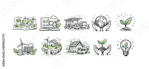Environmental, sustainability line icon set. Eco-friendly, renewable energy line icons.