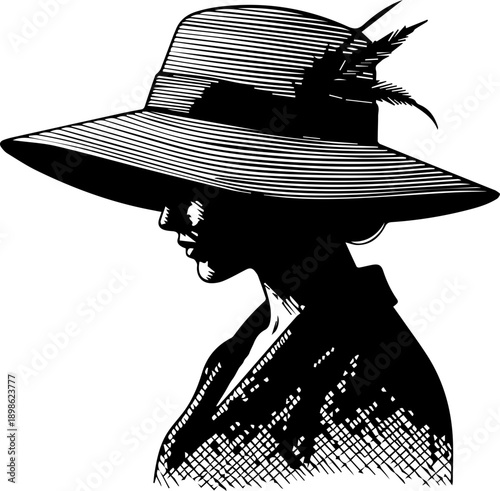 Vintage style engraving of an elegant woman wearing a wide-brimmed sun hat with feathers, classic profile portrait illustration