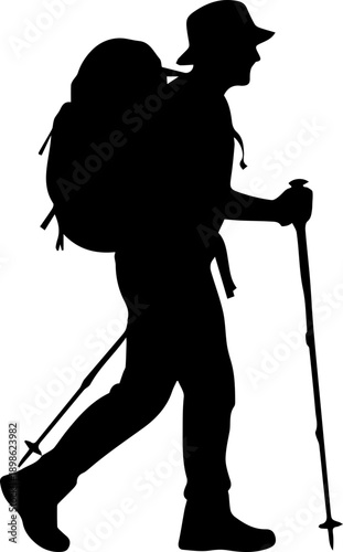 Full body silhouette of a male hiker with a large backpack and trekking poles, symbolizing adventure, mountain travel, and outdoor exploration.
