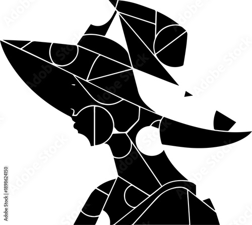 Abstract Mosaic Style Portrait of a Woman in a Sun Hat, Colorful Geometric Shape Illustration for Art and Fashion Design