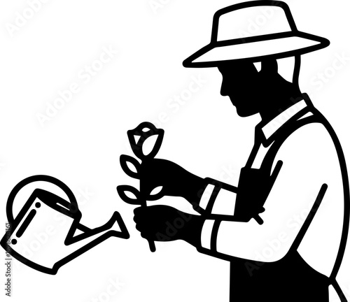 Silhouette of a Male Gardener Tending to a Rose with a Watering Can, Horticulture and Nature Care Illustration for Spring and Gardening