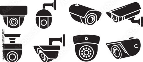 security camera icons featuring surveillance equipment and cctv systems for video monitoring and digital protection purposes