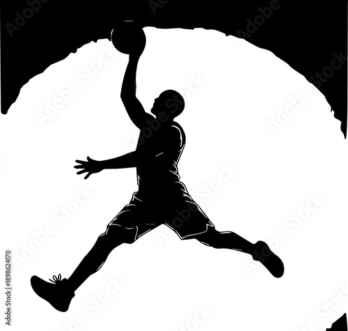 Silhouette of a Basketball Player Performing a Slam Dunk against a Radiant Orange Sunburst Background, Sports Motivation and Action Concept
