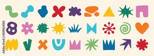 colorful organic doodle hand drawn colorful set. shapes and squiggles childish style. Abstract funny cute kids shapes elements. naive art