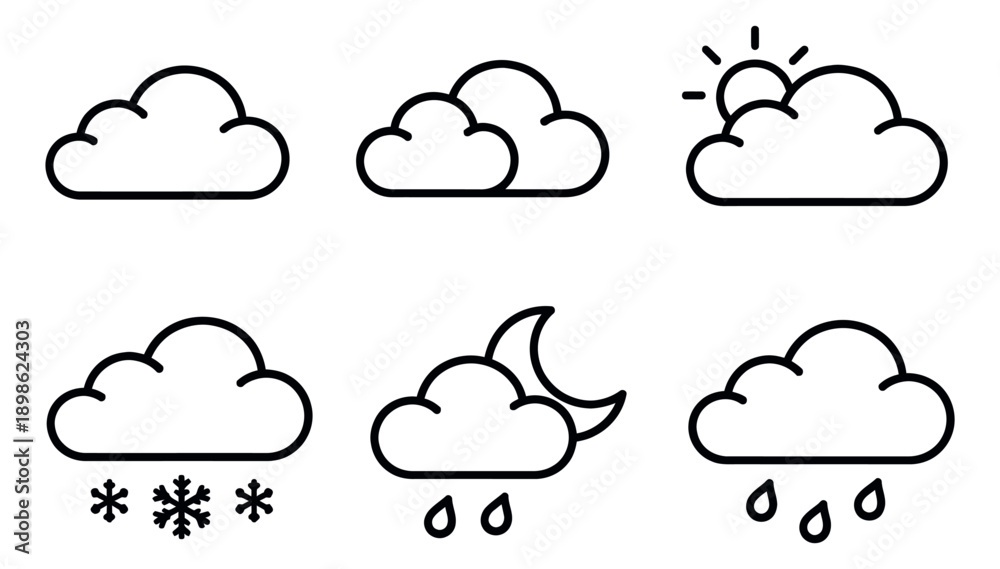 Fototapeta premium Outline line art weather icon set featuring clouds, sun, moon, rain, and snow for digital design