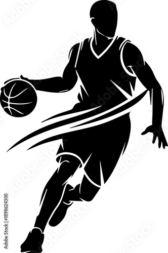 Minimalist Silhouette of a Basketball Player Dribbling the Ball with Dynamic Speed Lines