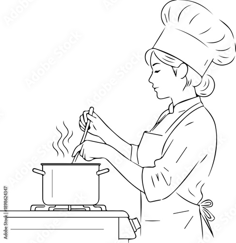 Minimalist Line Art Drawing of a Female Chef Stirring a Pot While Cooking in the Kitchen