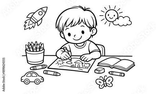 Cute cartoon boy drawing a picture with crayons at a desk, surrounded by art supplies
