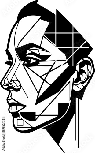 Abstract geometric female portrait in minimalist black and white cubist style