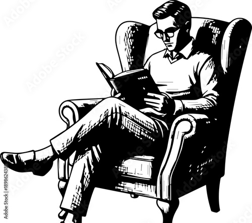 Vintage style illustration of a man relaxing in an armchair and reading a book