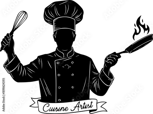 Professional chef silhouette with whisk and flaming frying pan for culinary branding