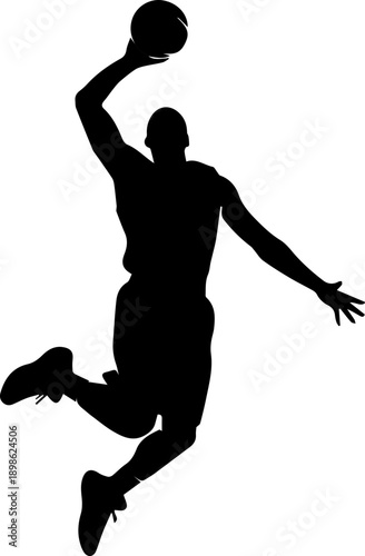 Dynamic Silhouette of a Professional Basketball Player Jumping for a Slam Dunk Action Shot Isolated on White Background for Sports and Athletics Design