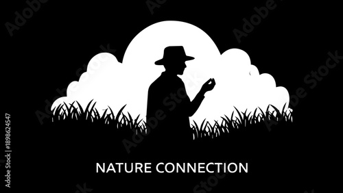 Stylized Silhouette Illustration of a Man in a Hat Connecting with Nature in a Field at Sunset with Decorative Clouds for Rural Lifestyle and Farming