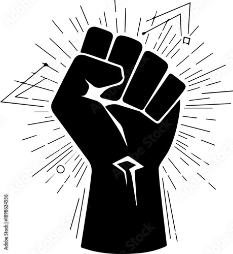 Bold Silhouette of a Raised Clenched Fist with Radiant Energy Lines Representing Strength Revolution Activism and Victory Concepts