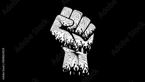 Unity and Power Raised Fist Silhouette Filled with a Diverse Crowd of People and Swirl Patterns for Social Justice and Protest Concepts