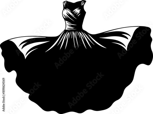 Dramatic Silhouette of a Black Flowing Evening Dress in Motion for Fashion Design Dance and Elegance Illustration Isolated on White