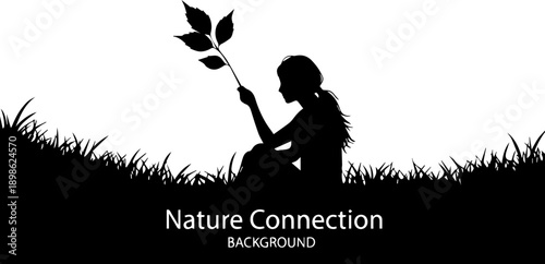Peaceful Silhouette Illustration of a Woman Sitting in the Grass Holding a Leaf for Nature Connection and Environmental Mindfulness Background