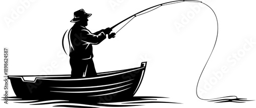 Classic Silhouette Illustration of a Fisherman in a Rowboat Casting a Line for Outdoor Hobby and Peaceful Fishing Leisure Activity