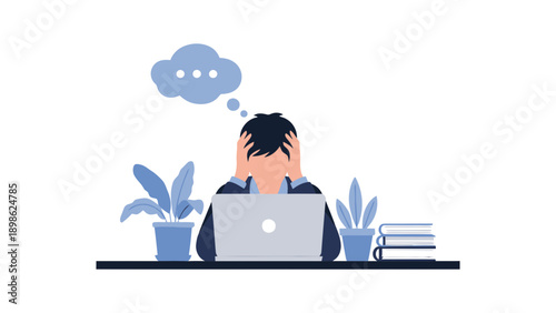 A man and woman sitting at desks with thought bubbles above their heads