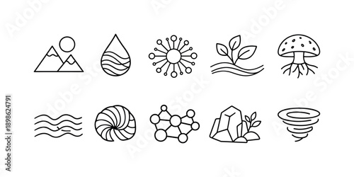 Nature and science line icon set. Environmental, biology, chemistry outline collection