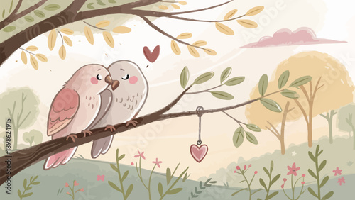 Lovebirds sitting on branch with heart ornament in serene landscape with flowers