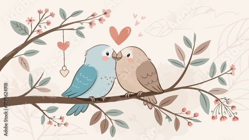 Two lovebirds kissing on branch with hearts and flowers romantic illustration