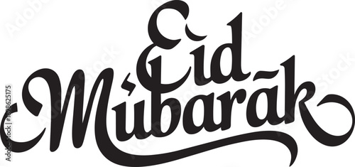 Eid Mubarak Calligraphy Title with Crescent Moon Isolated on White