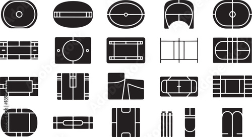 Set of black cricket field and sport courts vector illustration