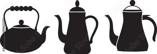 Three Black Tea Kettles with Different on White Background three kettles different handle