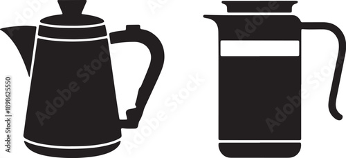 Two black silhouette coffee pots one with a spout and lid the other a French press style