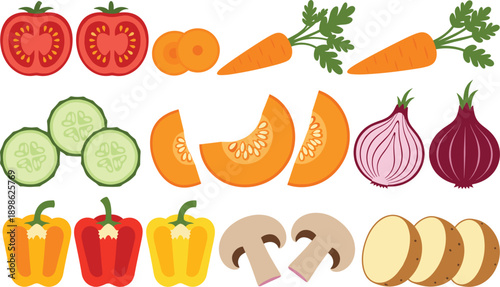 Flat design fresh vegetable set with sliced tomato carrot cucumber pumpkin red onion bell pepper mushroom and potato icons