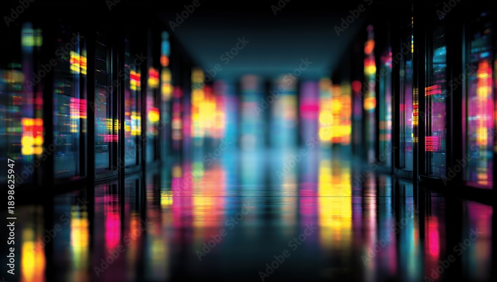 Obraz premium Server room aisle with colorful glowing hardware reflections on floor.
