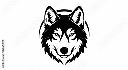 Black and white illustration of a wolfs face.