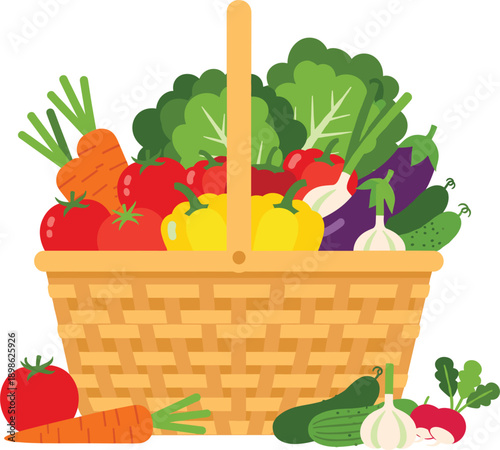 Fresh organic vegetable basket vector illustration with tomatoes carrots peppers broccoli and eggplant for healthy food and grocery design