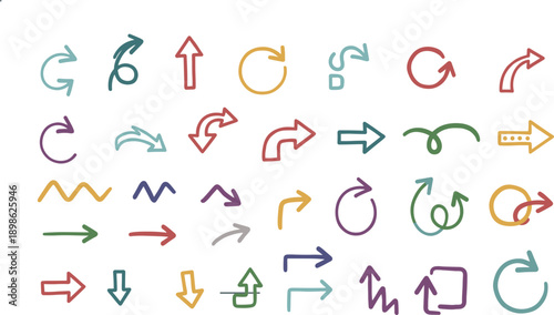 Hand drawn colorful arrow icon set with sketchy lines swiggles and organic shapes for creative design decorative infographic elements