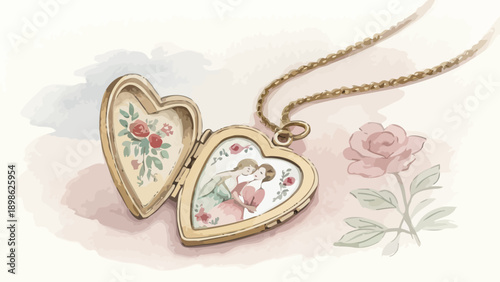 Gold heart locket necklace slightly open with floral design and couple inside on chain with pink rose