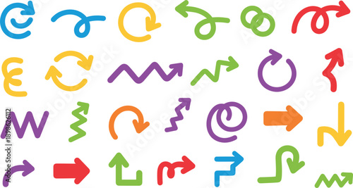 Hand drawn thick marker arrow icon set with vibrant colors curly spirals and zig zag creative directional symbols