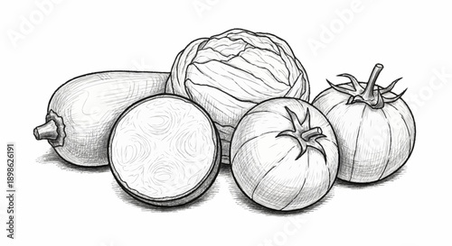 Black and white illustration of fresh vegetables including cabbage tomato and zucchini.