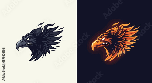 Two stylized eagle head logos, one dark and one fiery, with an aggressive expression, suitable for esports or gaming mascots.