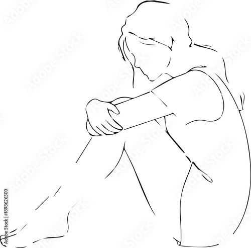Minimalist line art illustration of a woman curled up with her knees to her chest, looking down